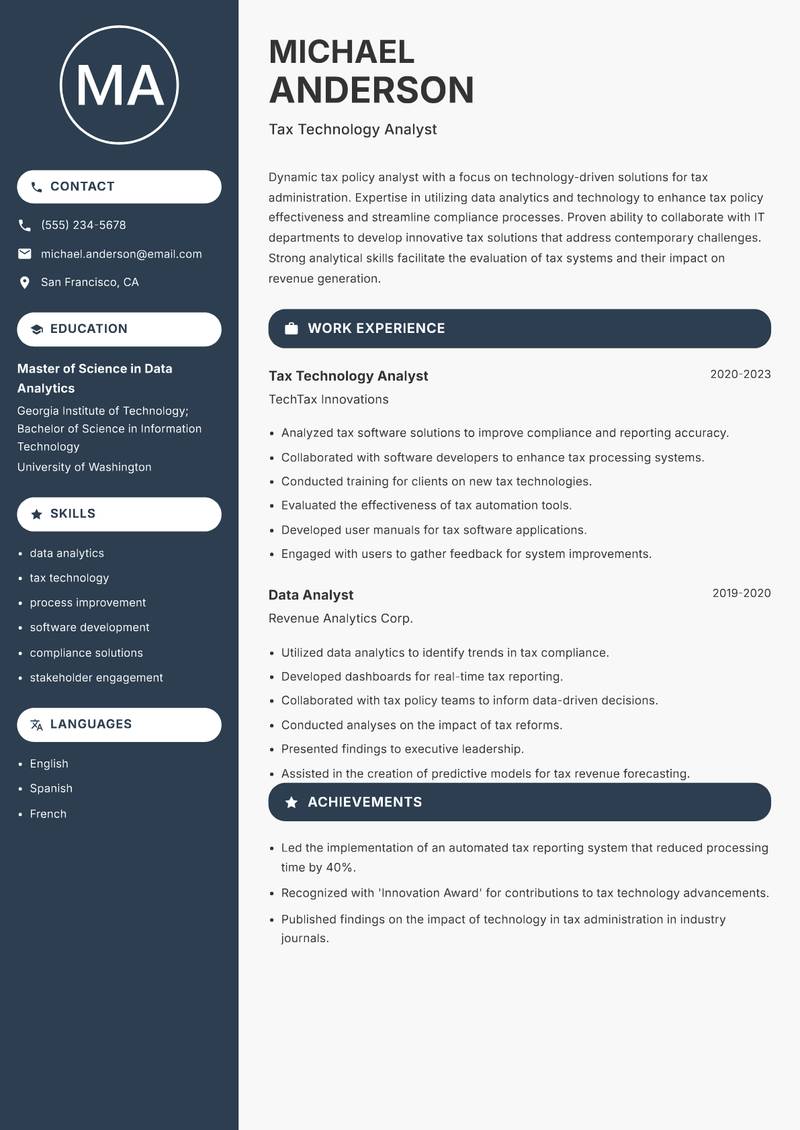 Tax Policy Analyst resume template — Compact