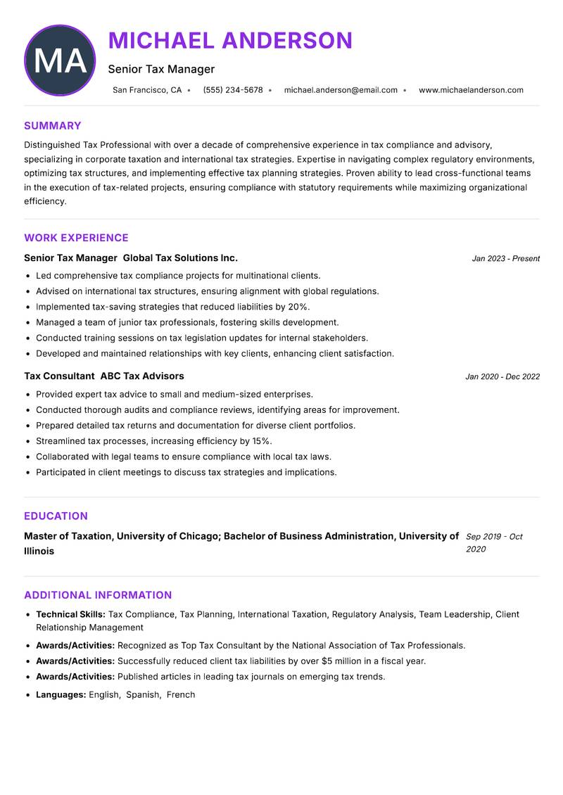 Tax Professional resume example — ATS-friendly template