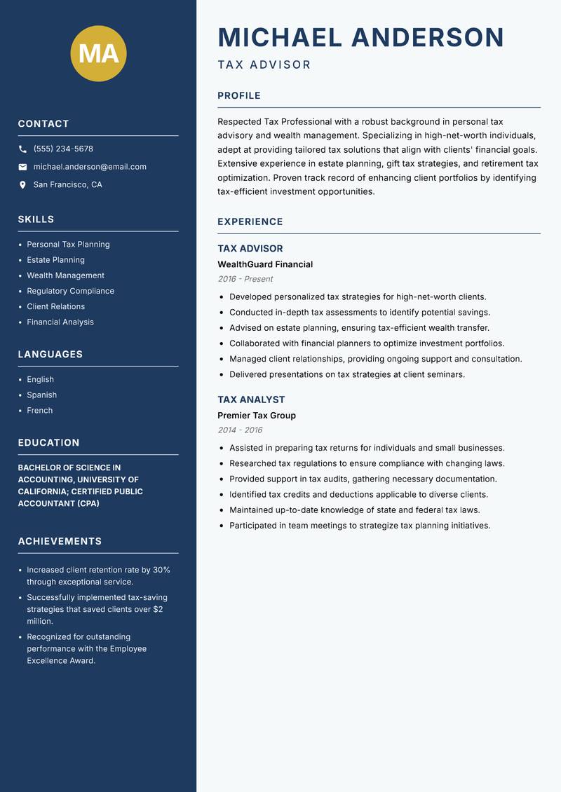 Tax Professional resume template — Classic Clean
