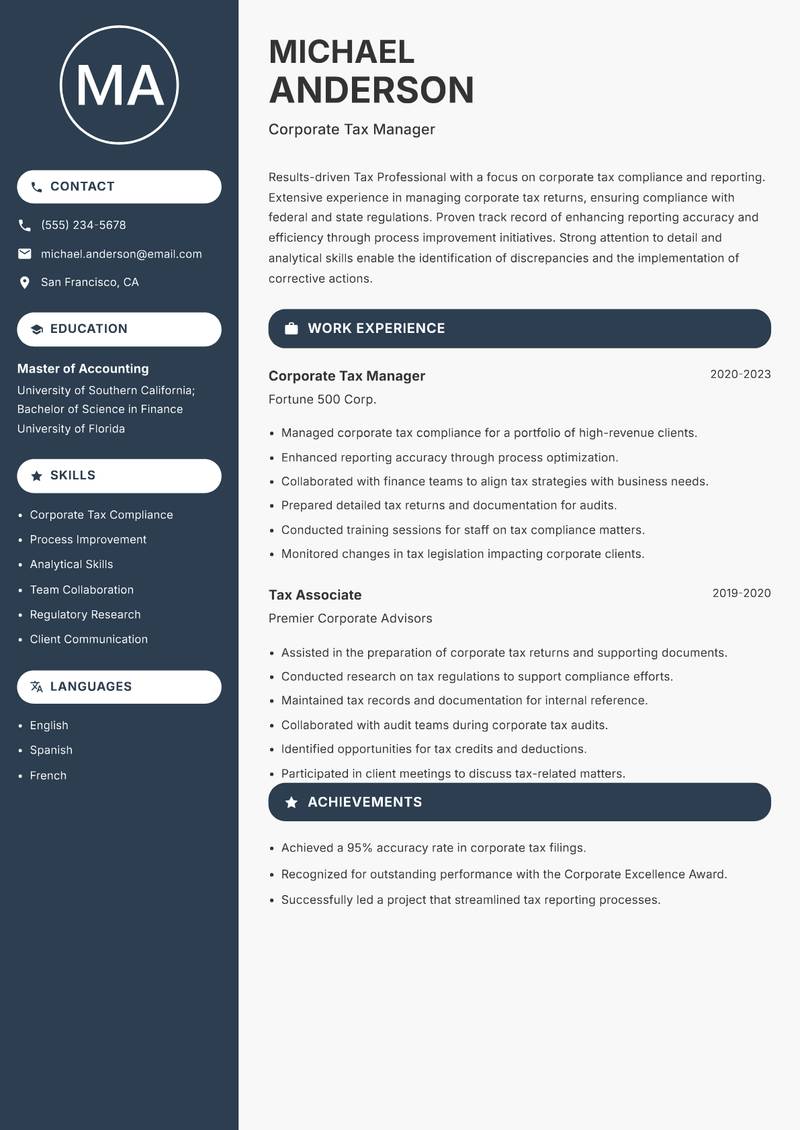 Tax Professional resume template — Compact