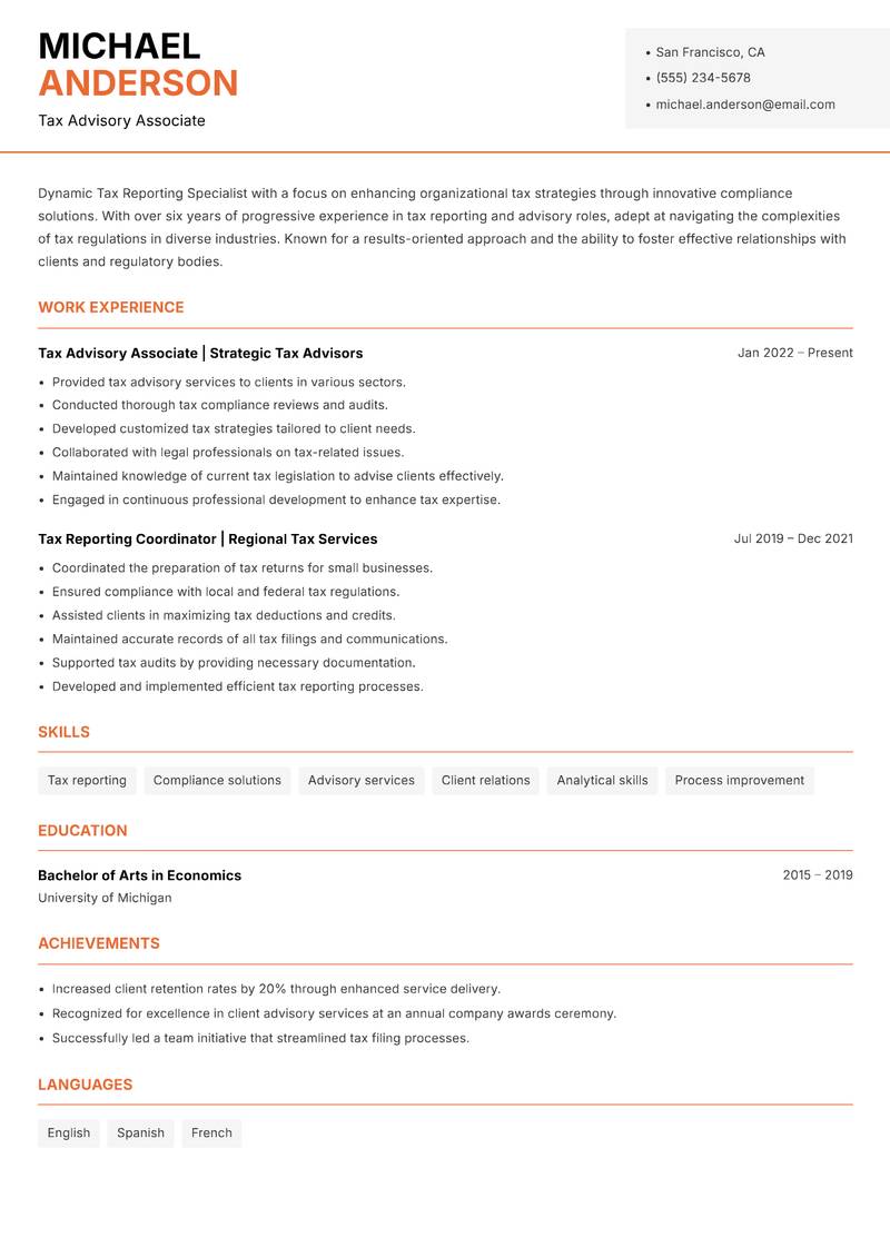 Tax Reporting Specialist resume template — Modern Professional