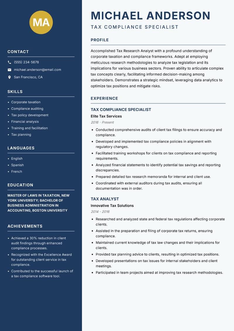 Tax Research Analyst resume template — Classic Clean