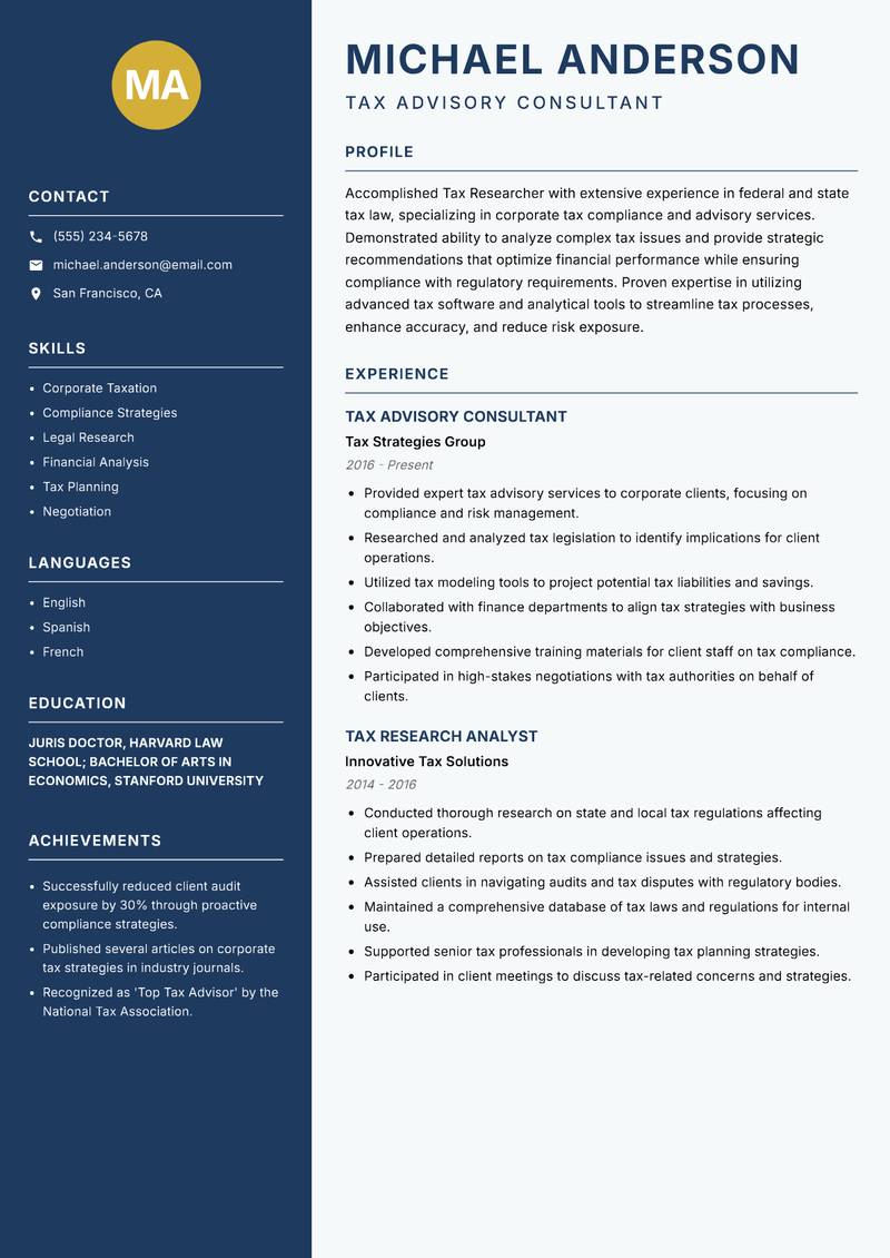 Tax Researcher resume template — Classic Clean
