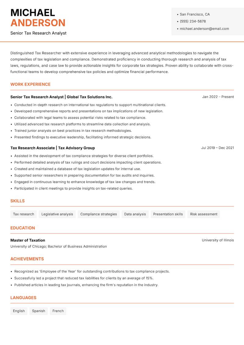 Tax Researcher resume template — Modern Professional