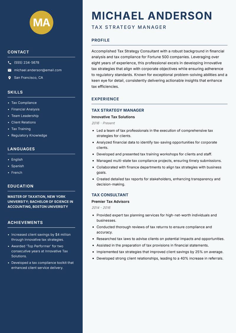 Tax Strategy Consultant resume template — Classic Clean
