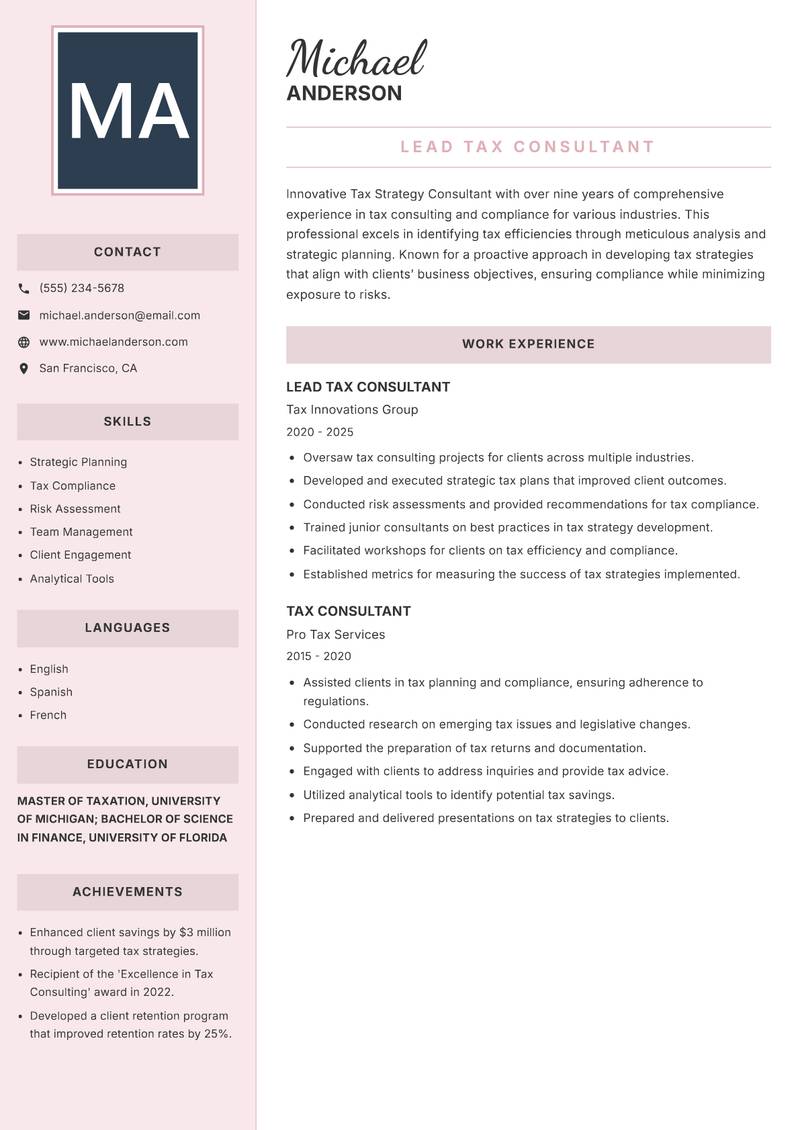 Tax Strategy Consultant resume template — Executive