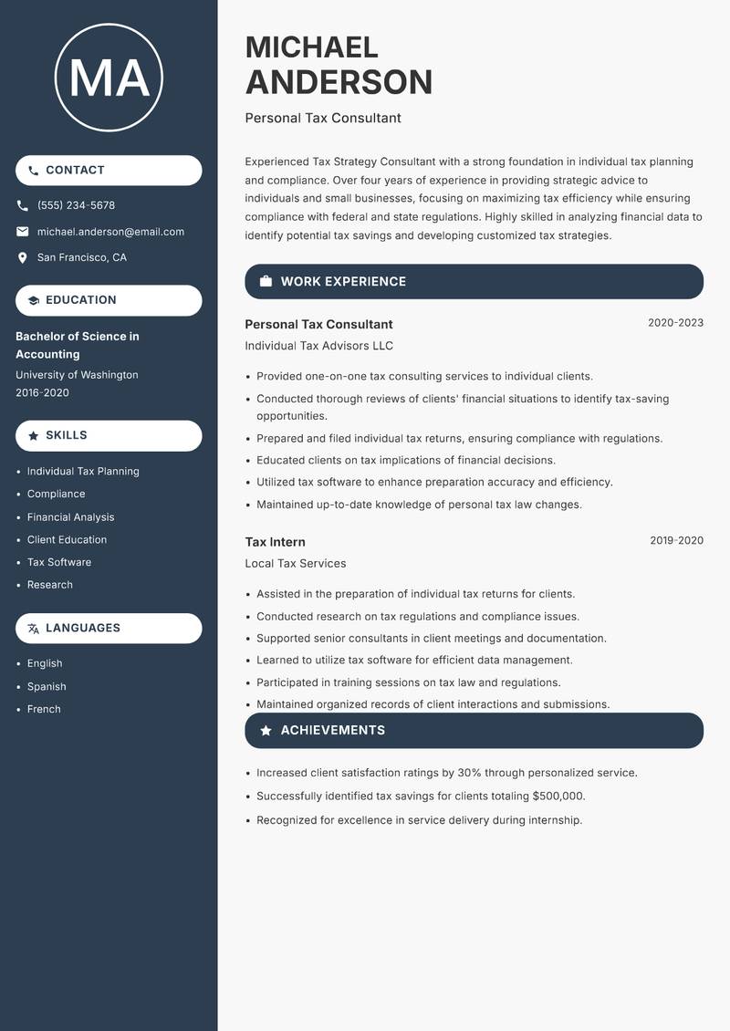 Tax Strategy Consultant resume template — Compact