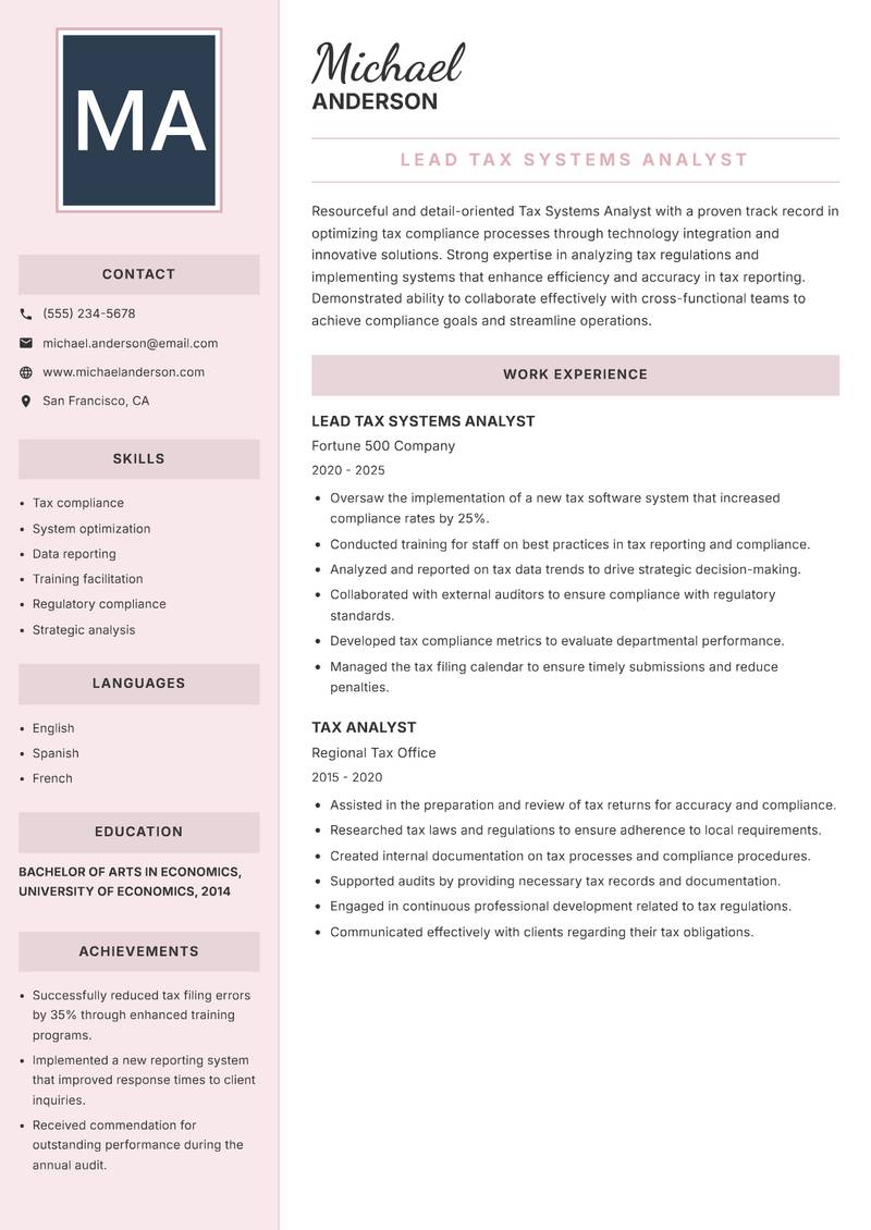 Tax Systems Analyst resume template — Executive