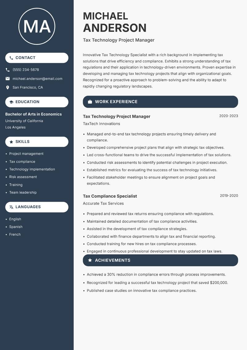 Tax Technology Specialist resume template — Compact
