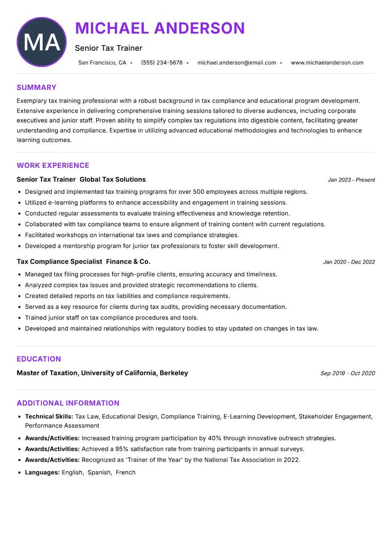 Tax Trainer resume example — ATS-friendly template