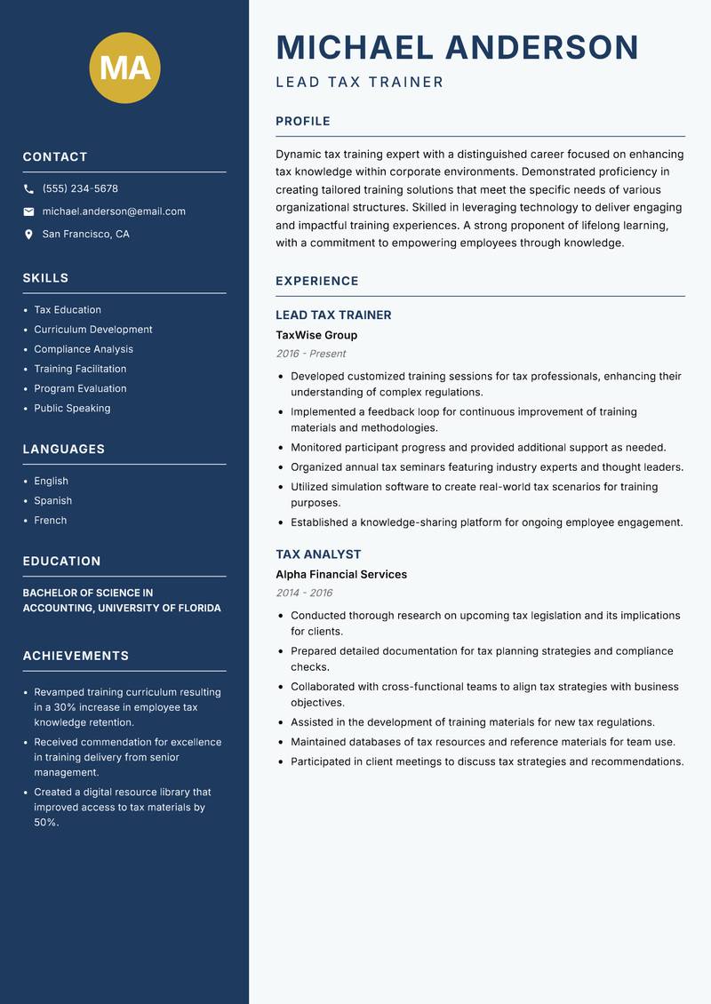 Tax Trainer resume template — Classic Clean