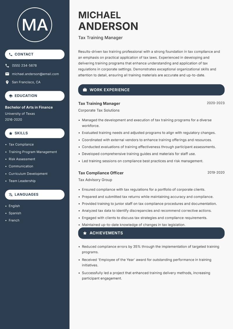Tax Trainer resume template — Compact