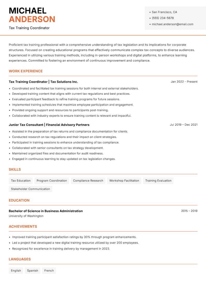 Tax Trainer resume template — Modern Professional