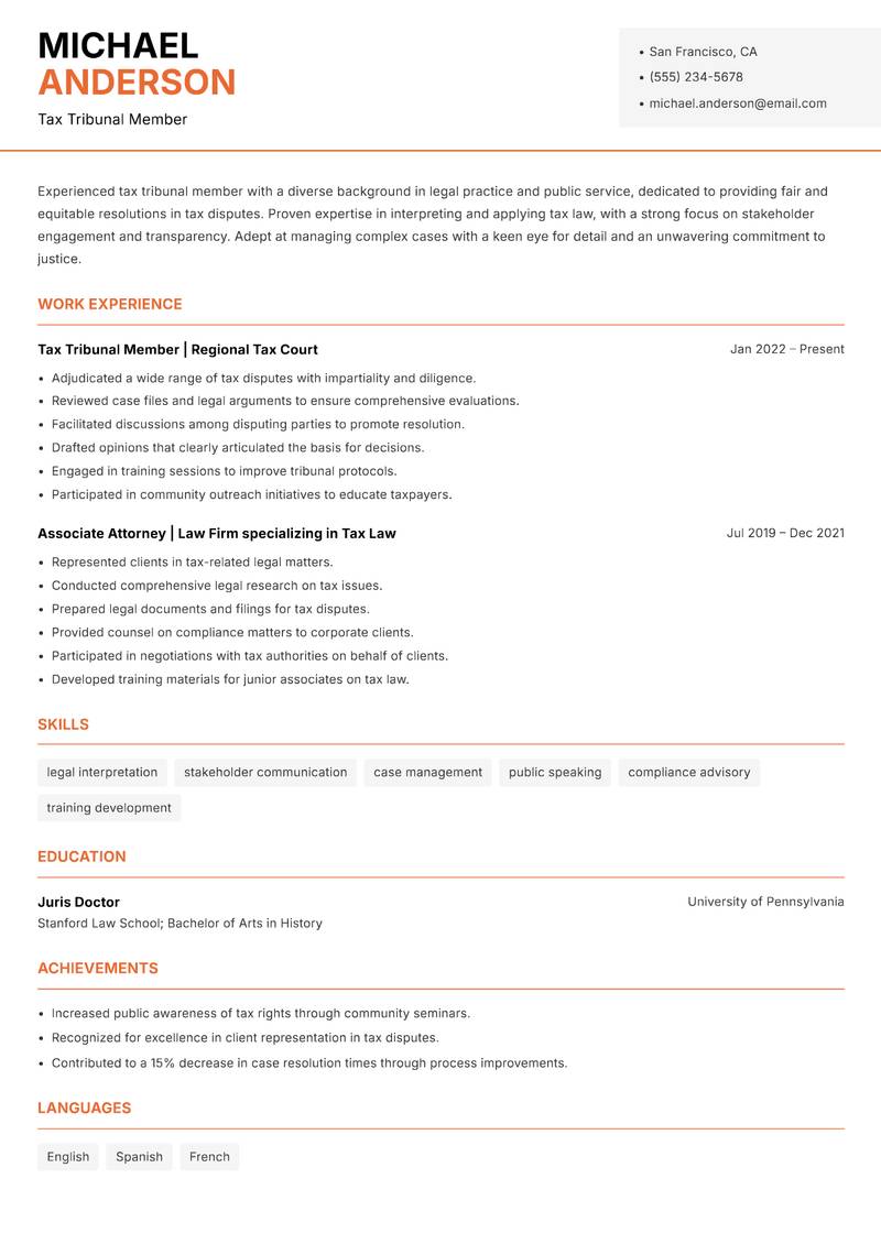 Tax Tribunal Member resume template — Modern Professional