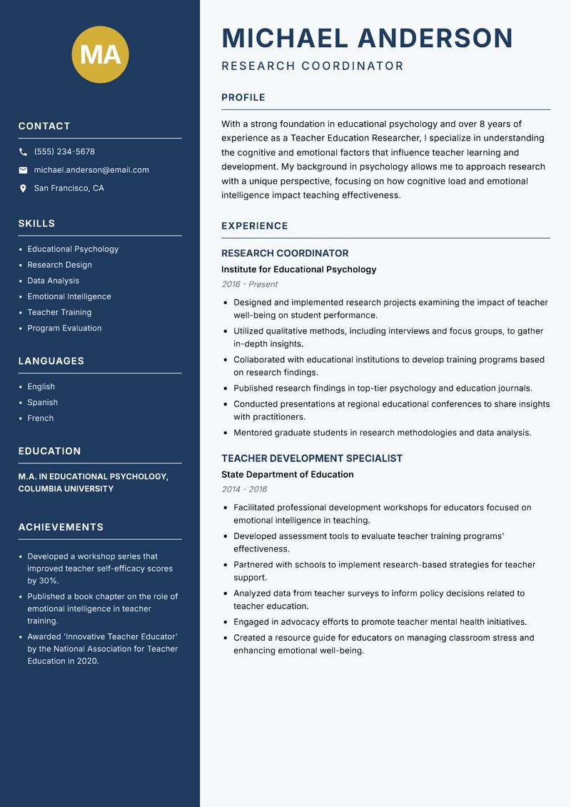 Teacher Education Researcher resume template — Classic Clean