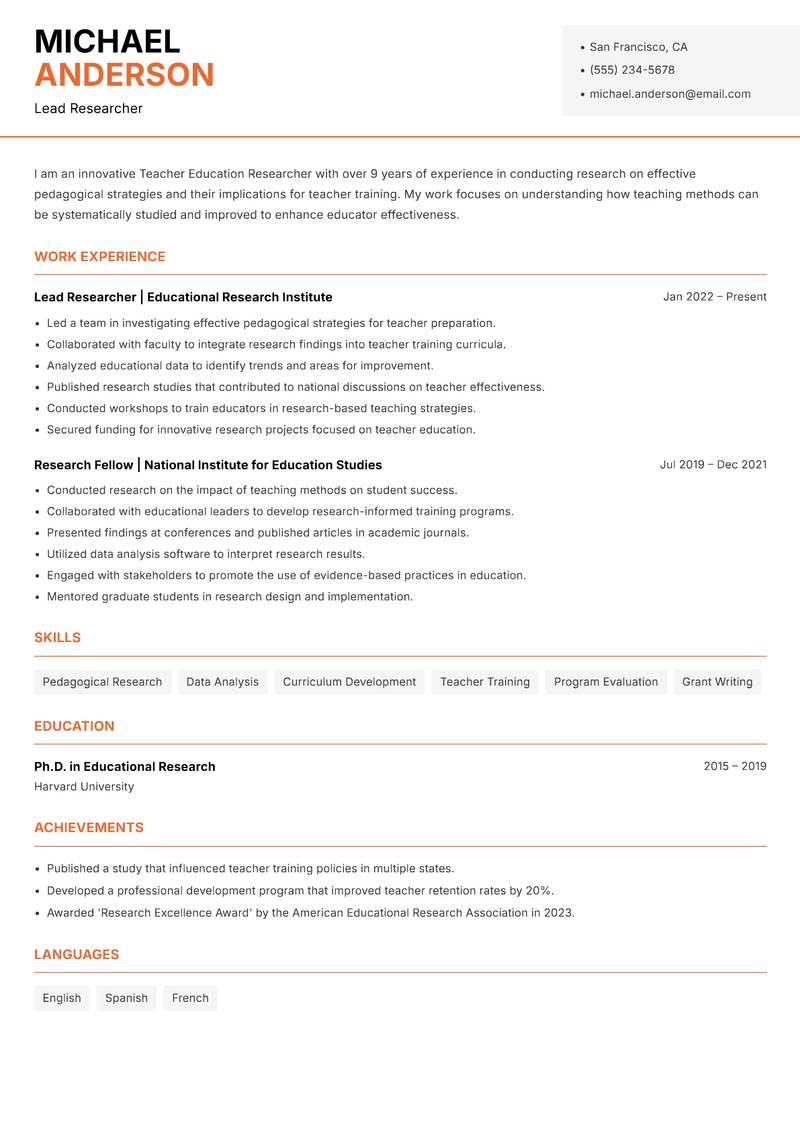 Teacher Education Researcher resume template — Modern Professional