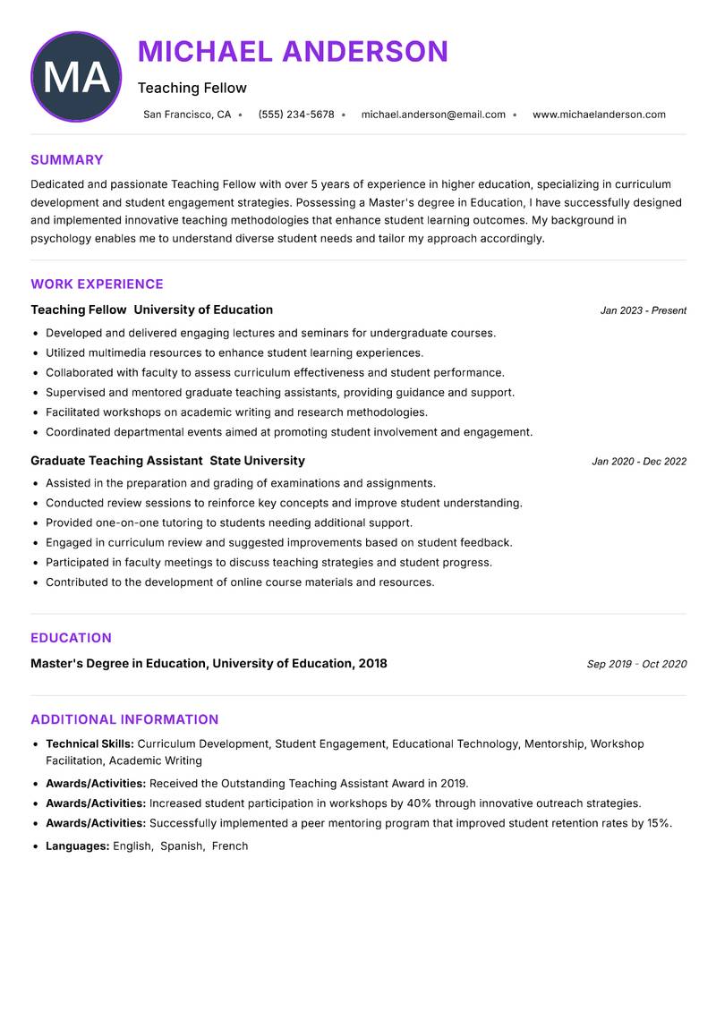 Teaching Fellow resume example — ATS-friendly template