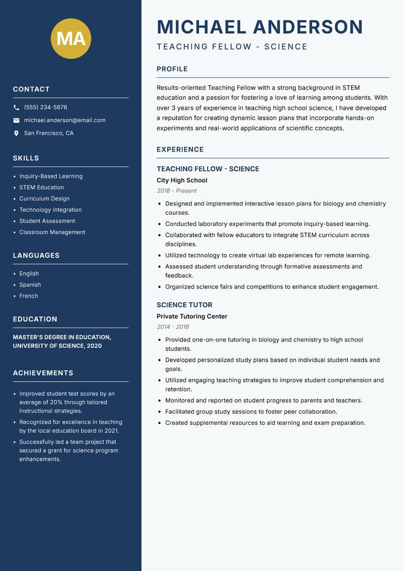 Teaching Fellow resume template — Classic Clean