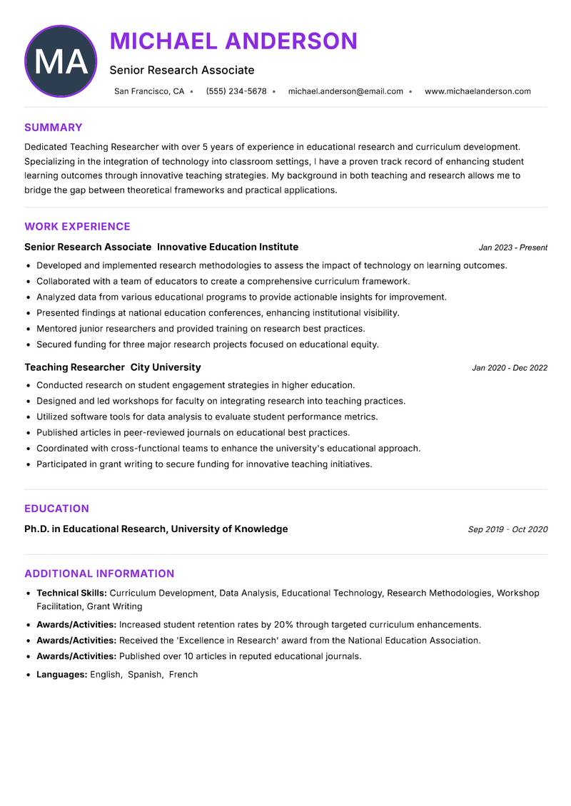 Teaching Researcher resume example — ATS-friendly template