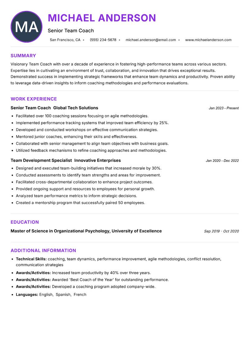 Team Coach resume example — ATS-friendly template