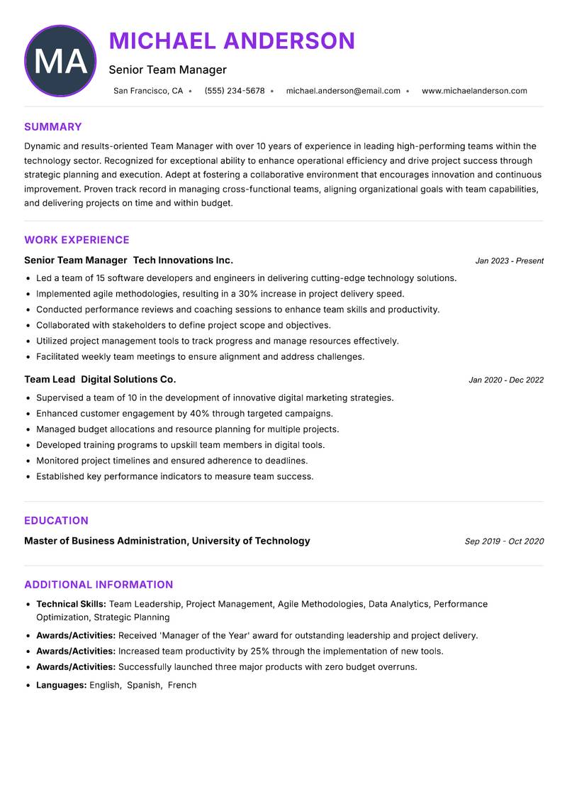 Team Manager resume example — ATS-friendly template