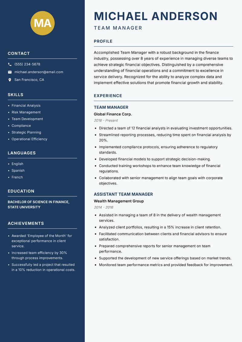 Team Manager resume template — Classic Clean
