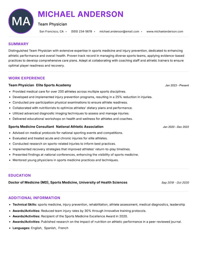 Team Physician resume example — ATS-friendly template