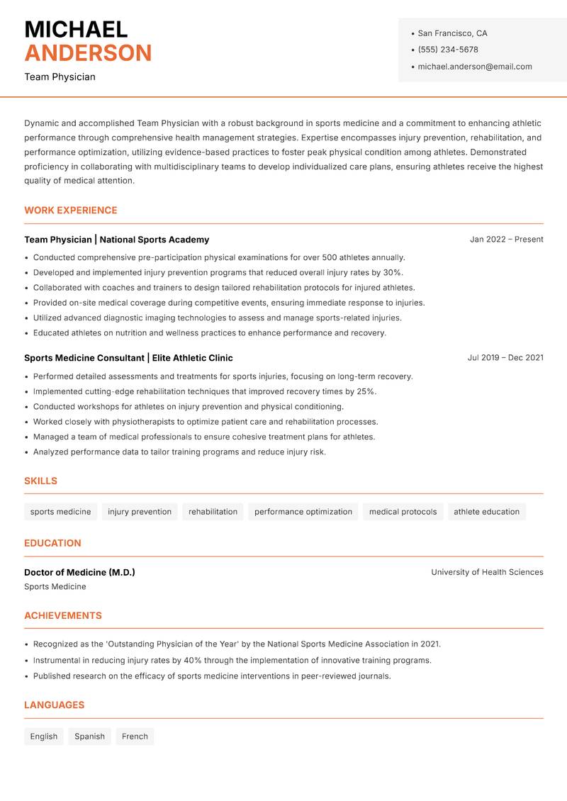 Team Physician resume template — Modern Professional