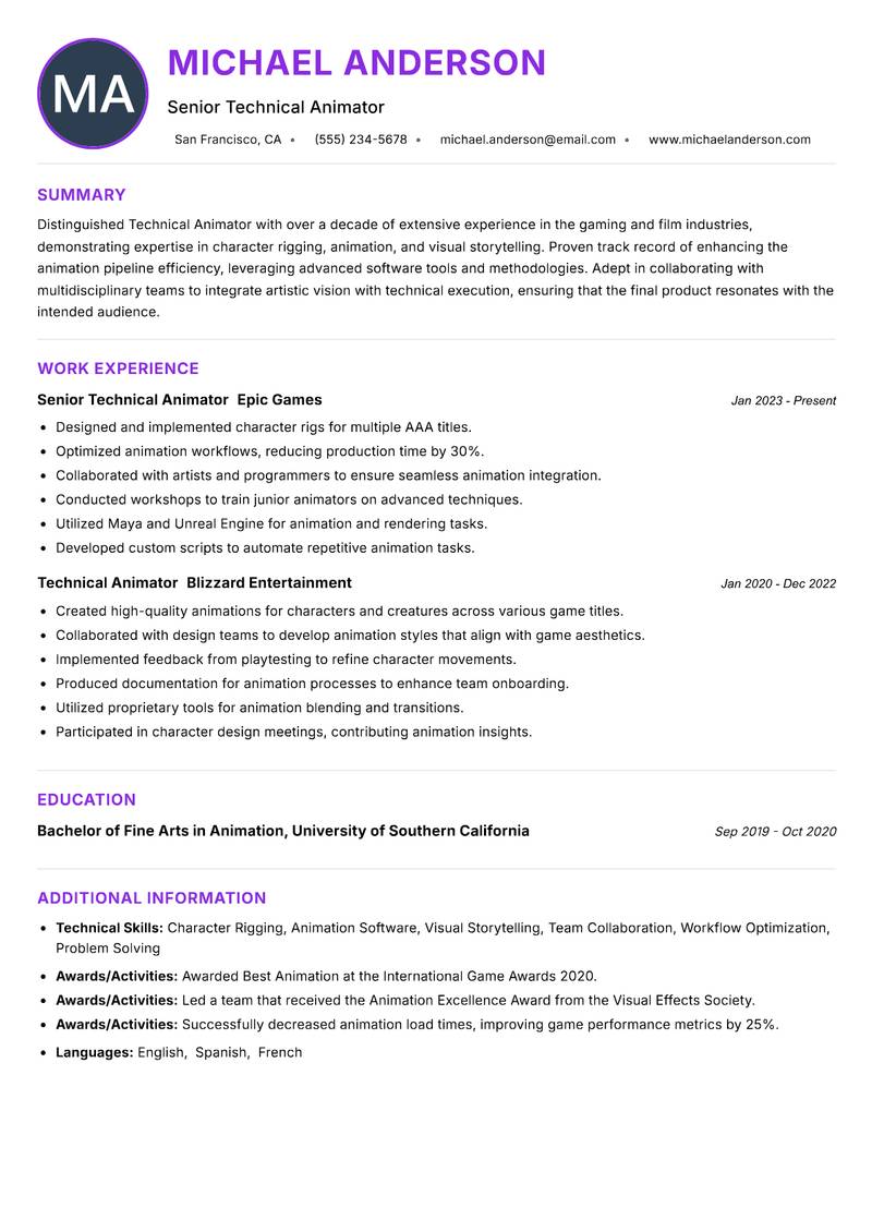 Technical Animator resume example — ATS-friendly template
