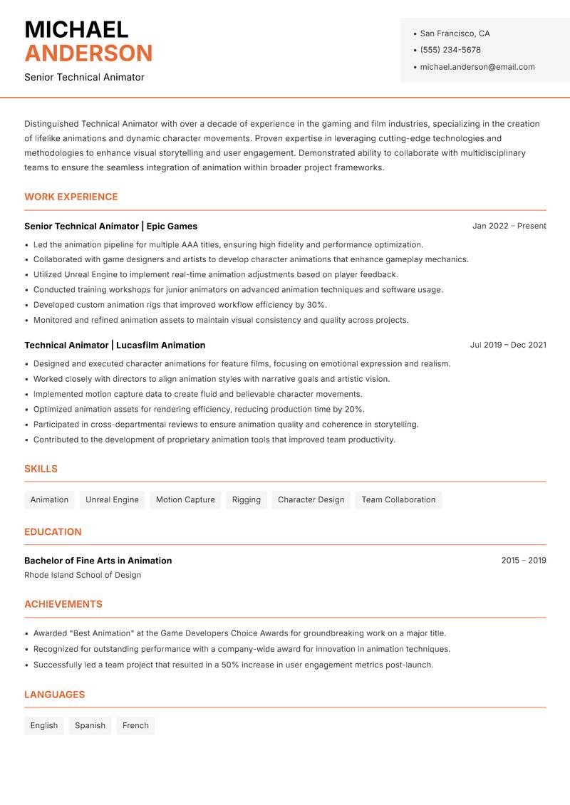 Technical Animator resume template — Modern Professional
