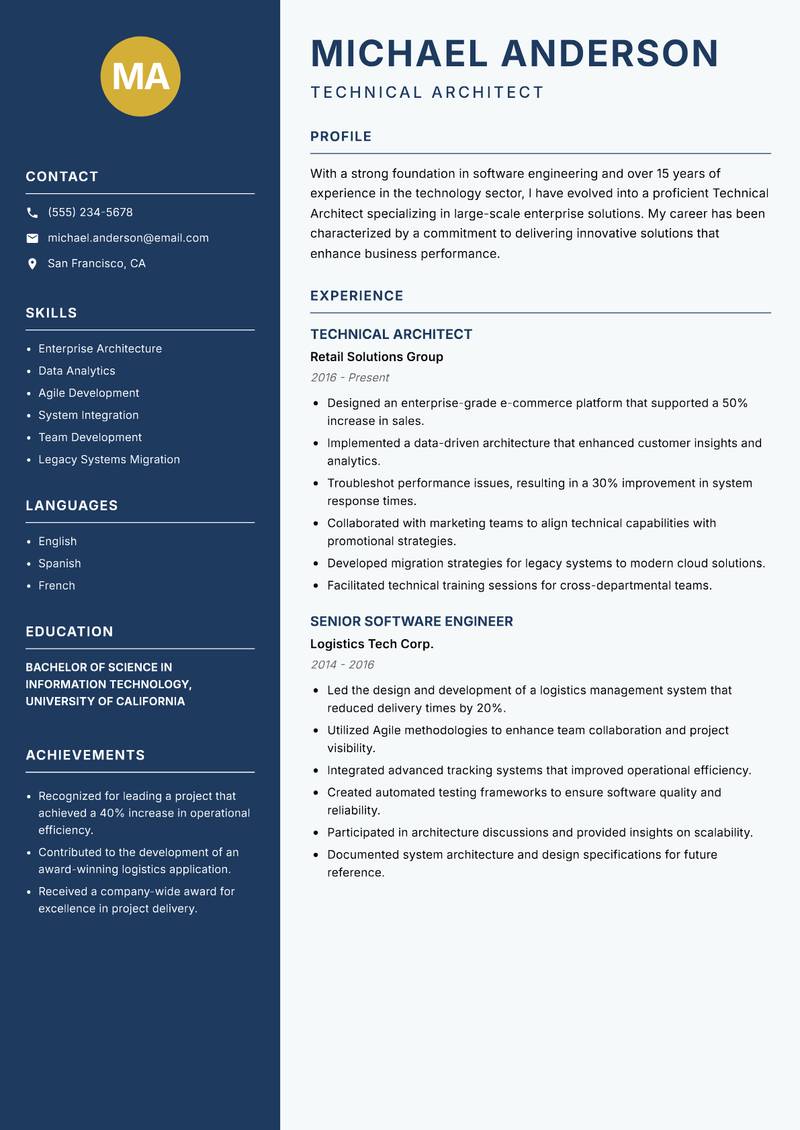 Technical Architect resume template — Classic Clean