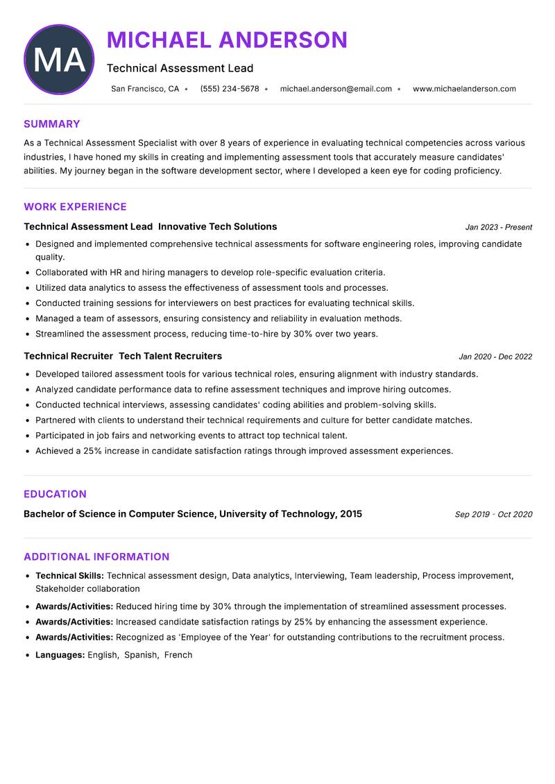 Technical Assessment Specialist resume example — Technical Education