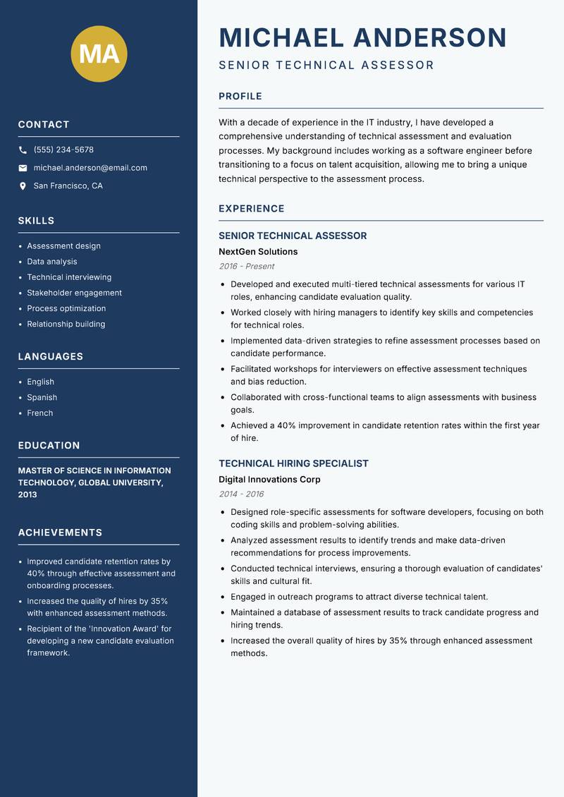 Technical Assessment Specialist resume template — Classic Clean