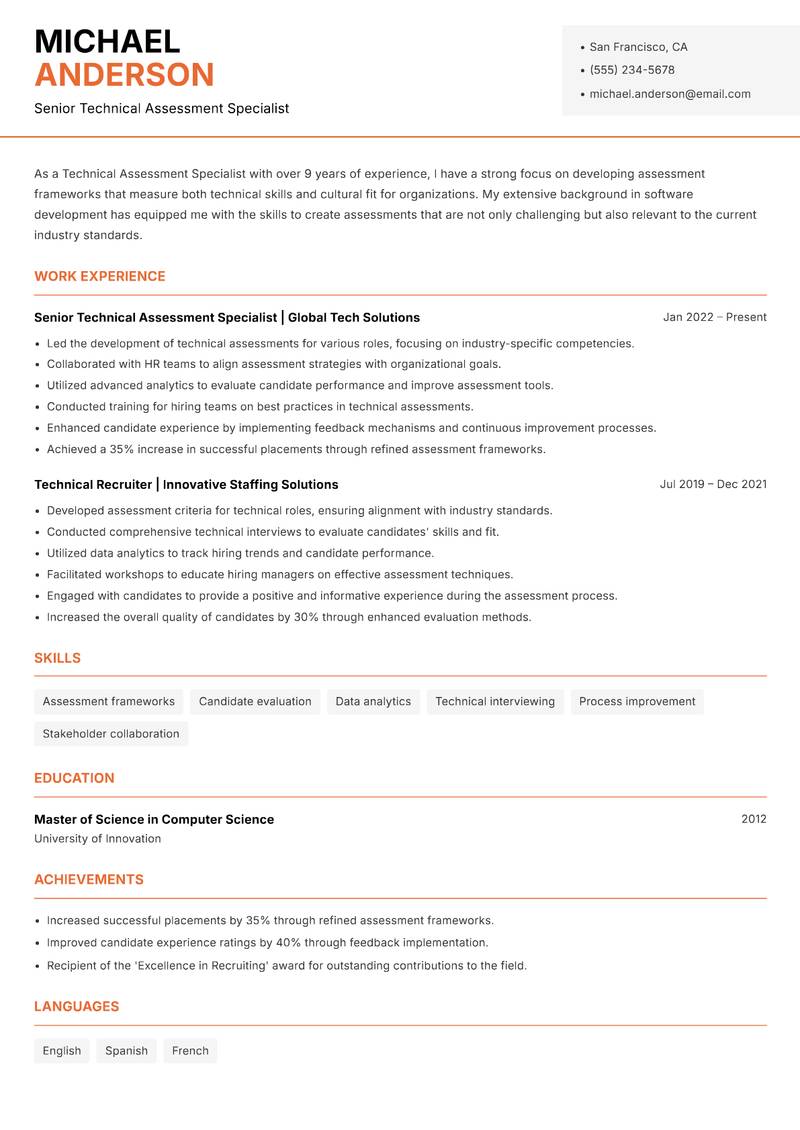 Technical Assessment Specialist resume template — Modern Professional