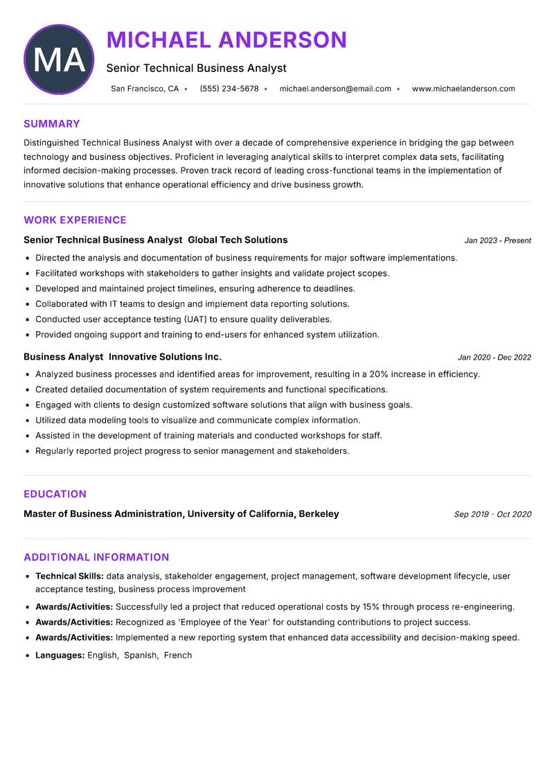 Technical Business Analyst resume example — ATS-friendly template