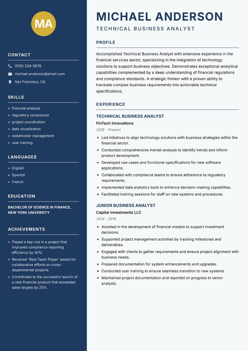 Technical Business Analyst resume template — Classic Clean