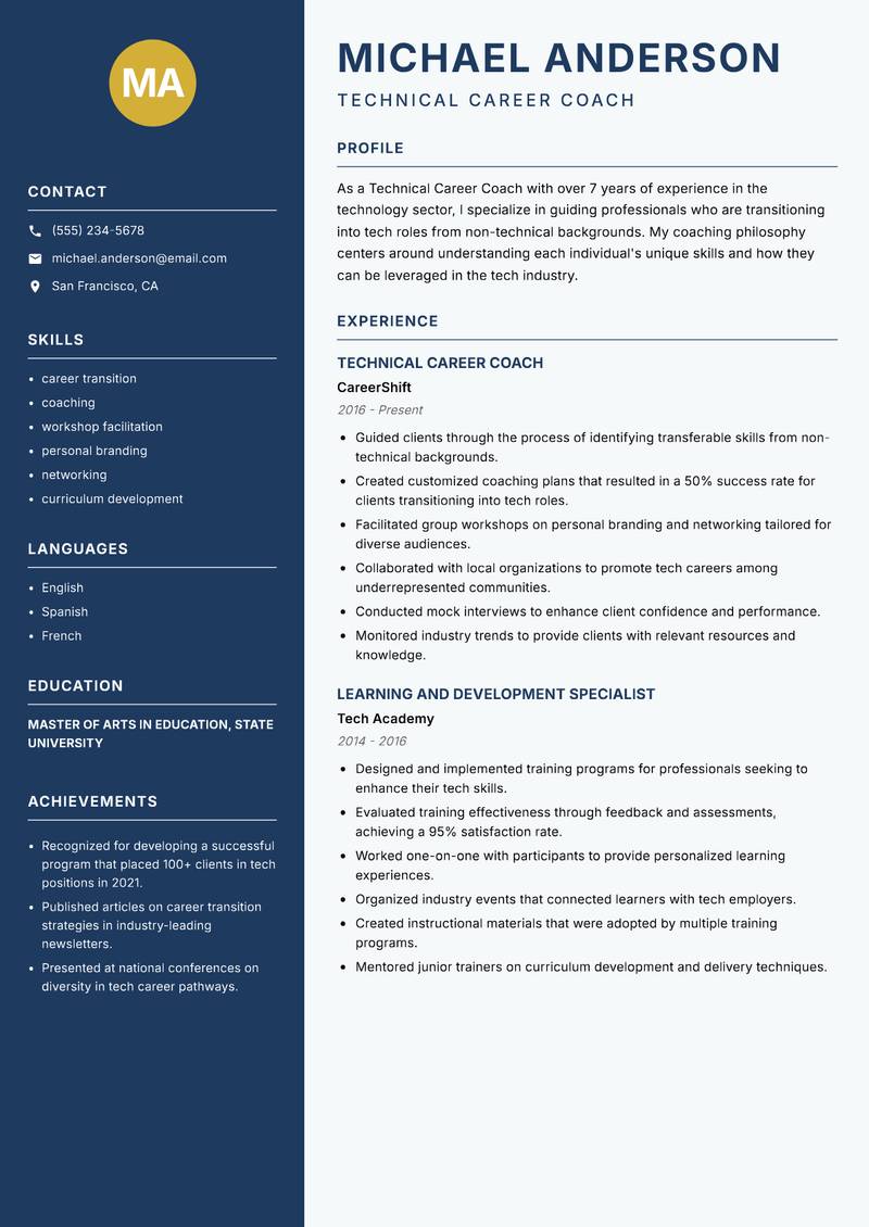 Technical Career Coach resume template — Classic Clean