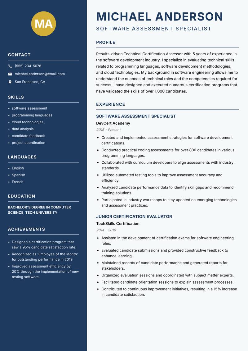 Technical Certification Assessor resume template — Classic Clean