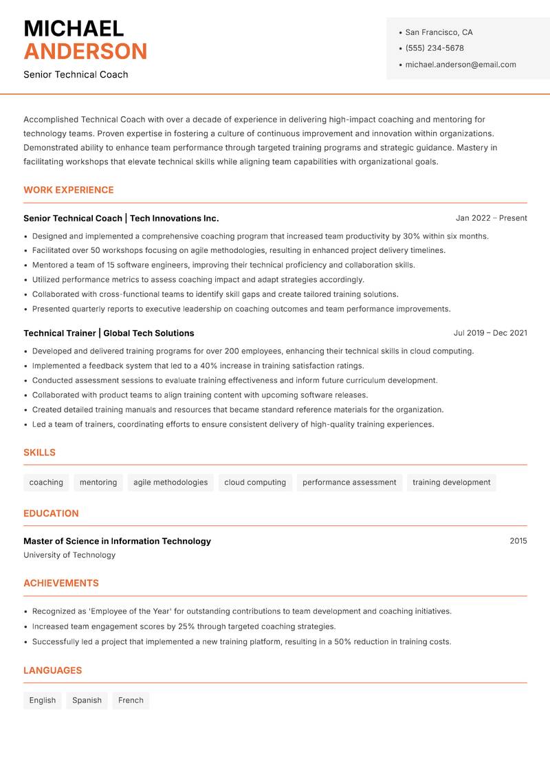 Technical Coach resume template — Modern Professional