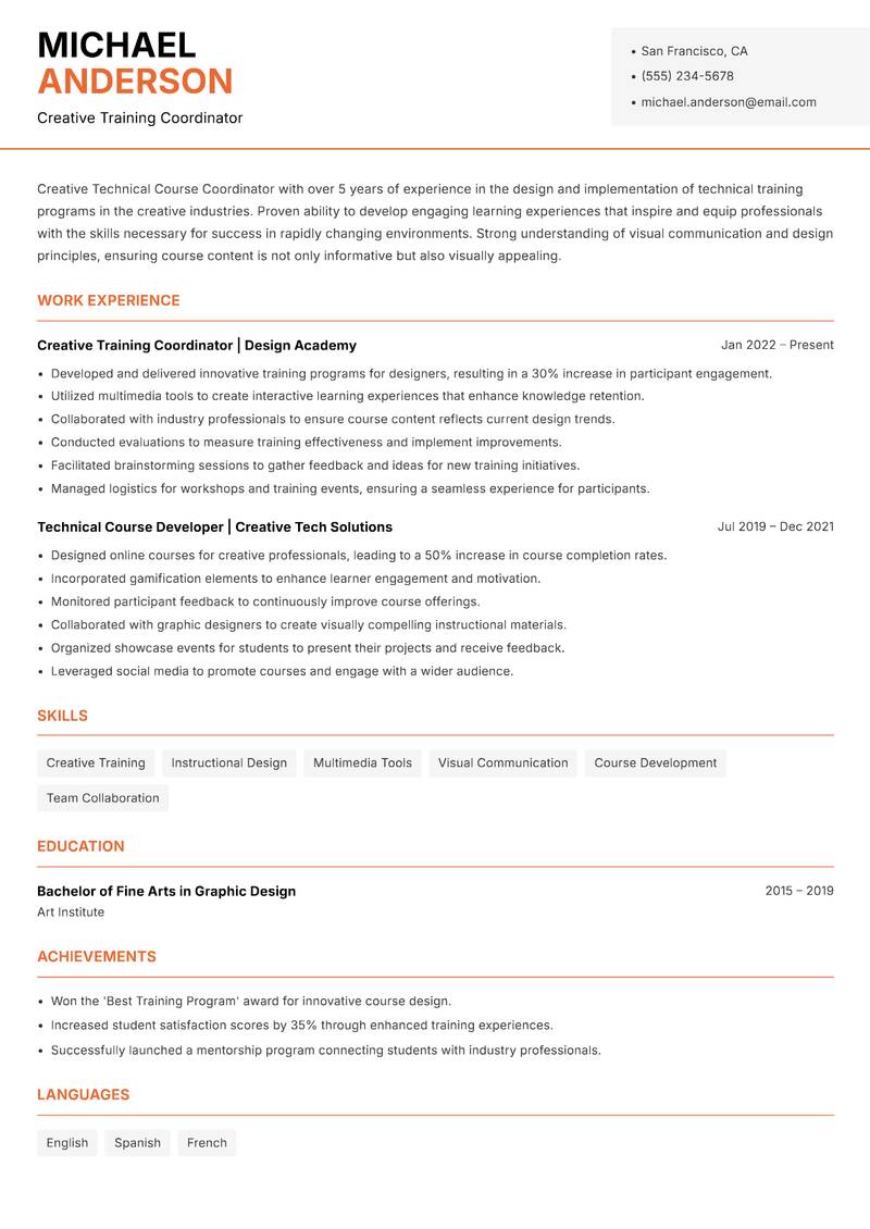 Technical Course Coordinator resume template — Modern Professional