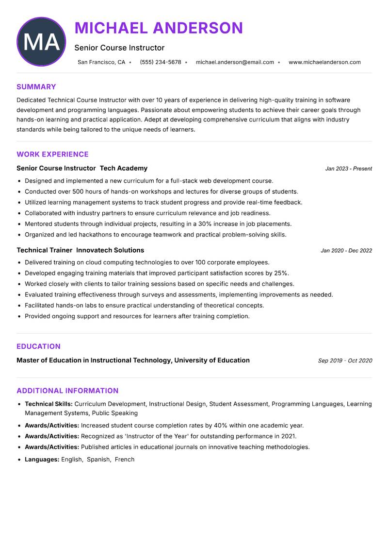 Technical Course Instructor resume example — ATS-friendly template