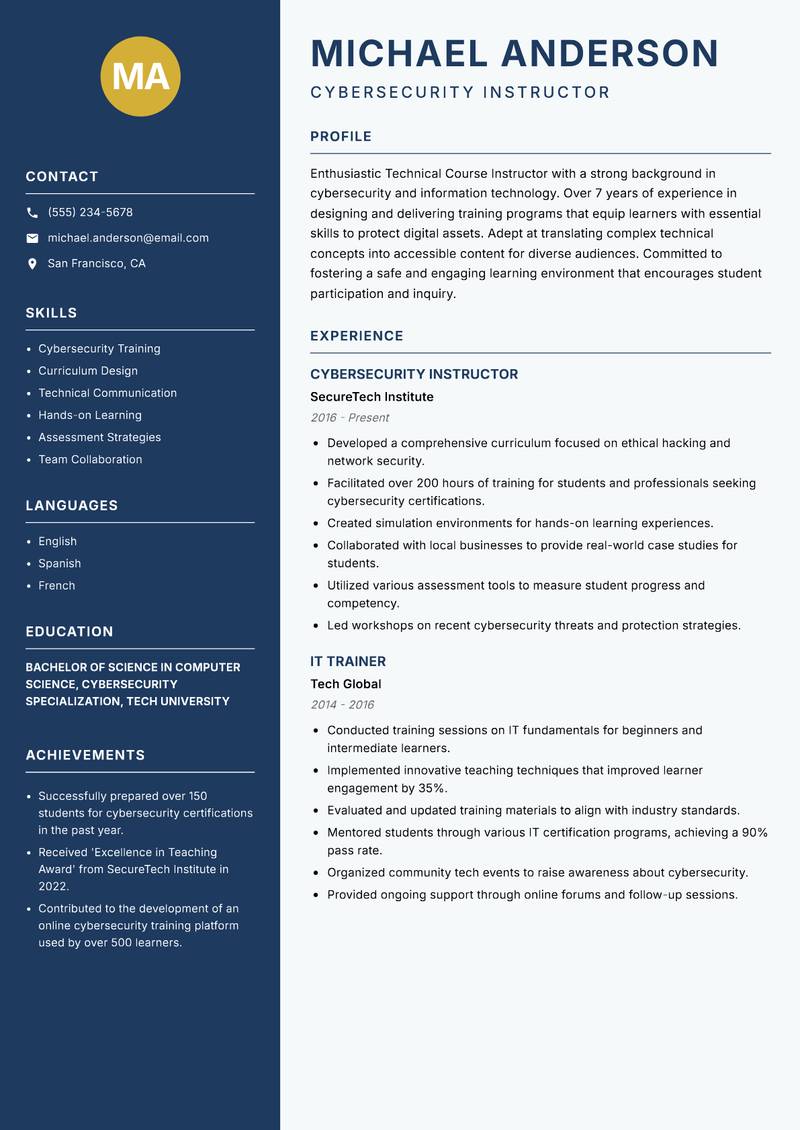 Technical Course Instructor resume template — Classic Clean