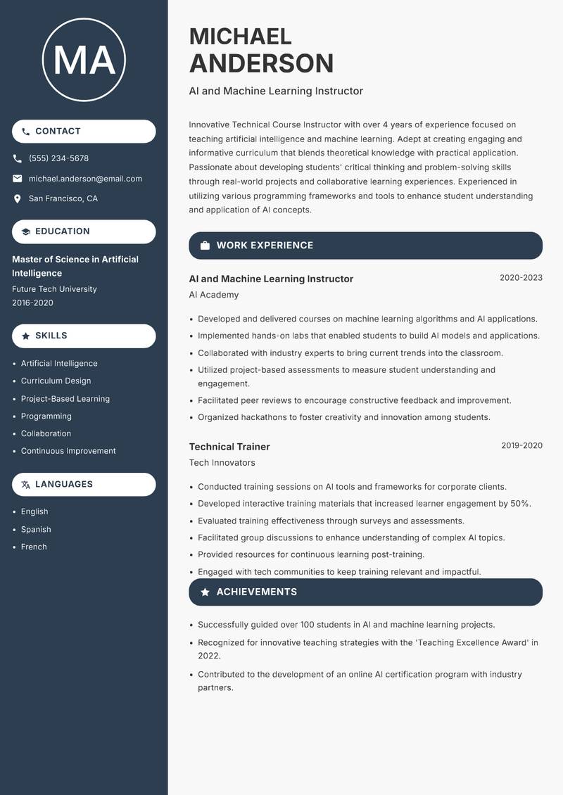 Technical Course Instructor resume template — Compact