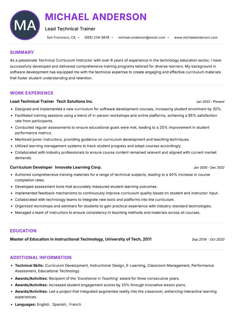 Technical Curriculum Instructor resume example — ATS-friendly template