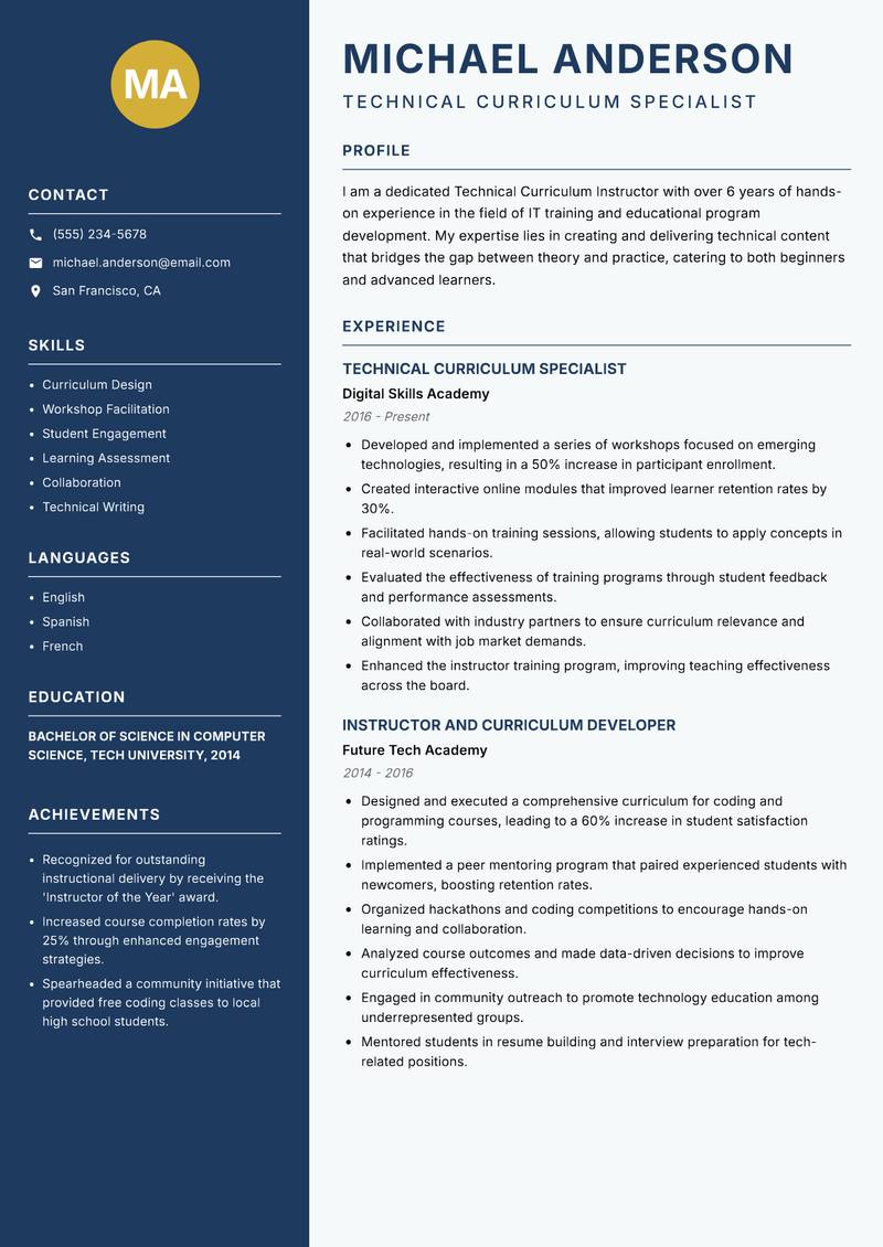 Technical Curriculum Instructor resume template — Classic Clean
