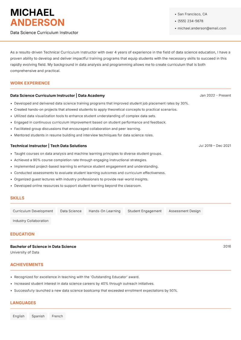 Technical Curriculum Instructor resume template — Modern Professional