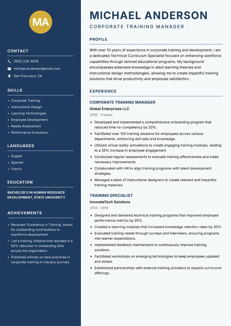 Technical Curriculum Specialist resume template — Classic Clean