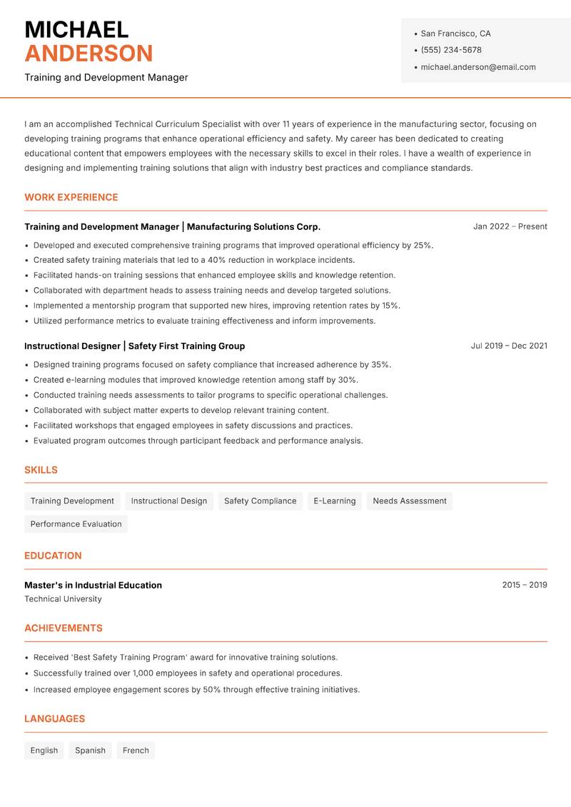 Technical Curriculum Specialist resume template — Modern Professional