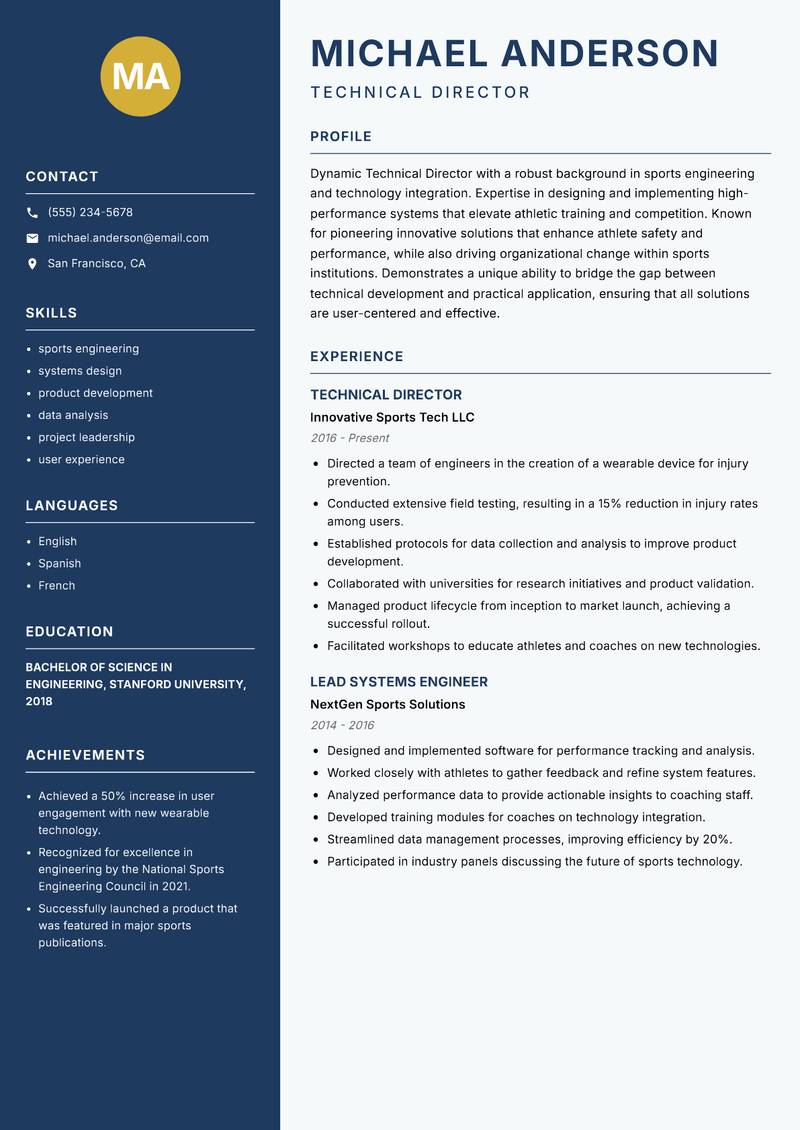 Technical Director Sports resume template — Classic Clean