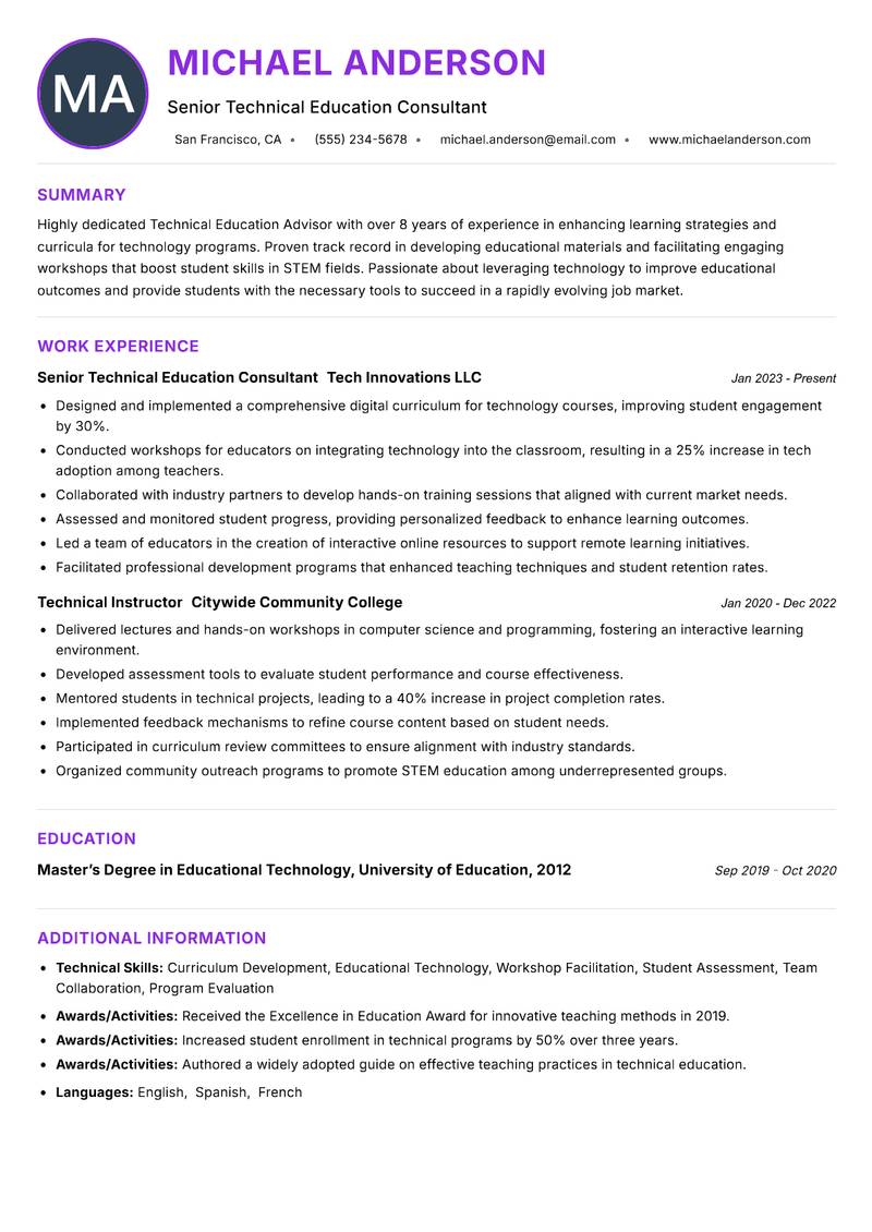 Technical Education Advisor resume example — ATS-friendly template